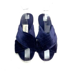 Vintage 1960s navy plush velour fabric rubber wedge sole house shoe slippers